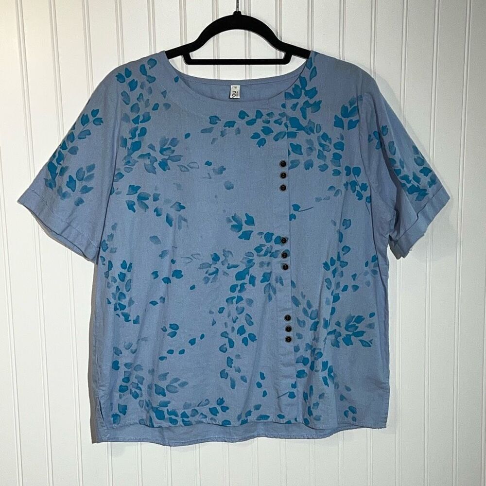 Dayou BlousePull On Top  Womens 2XL Blue Floral Short Sleeve Round Collar Casual